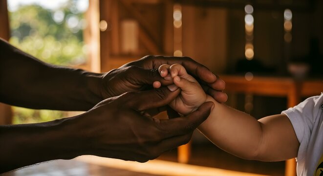 M&atilde;o de adulto segurando a m&atilde;o de uma crian&ccedil;a &ndash; s&iacute;mbolo de prote&ccedil;&atilde;o, carinho e conex&atilde;o familiar