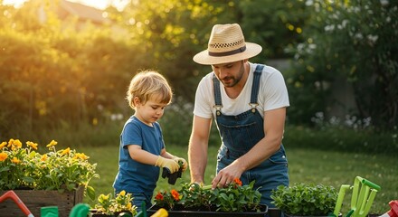 Pai ensinando o filho a plantar no jardim &ndash; momento de aprendizado e conex&atilde;o familiar