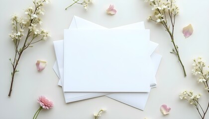Papel branco em composi&ccedil;&atilde;o delicada com flores brancas. Ideal para convites, branding ou pap&eacute;is personalizados.