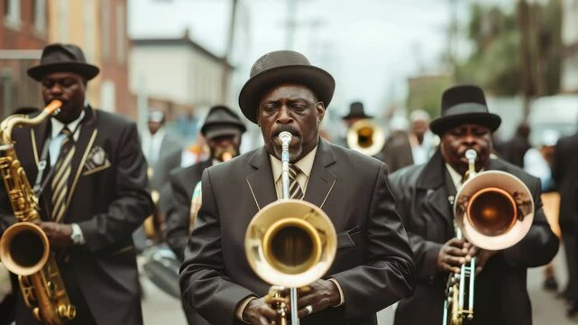 Marching band performs lively jazz in New Orleans during a vibrant street parade on a cloudy day
