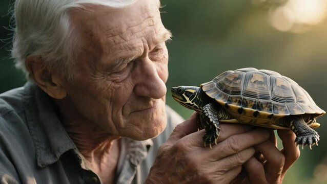 Anciano sosteniendo una tortuga 