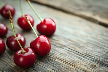 Fresh ripe cherries with water drops, showcasing juicy red texture. Glossy cherries with stems. Cherry background. Sweet cherry. Healthy eating and seasonal food. Summer berries. Berry