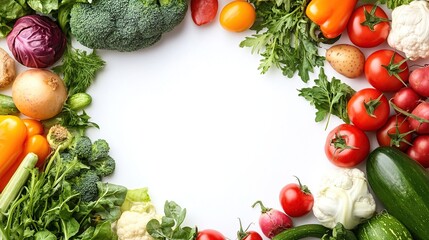 Vibrant assortment of fresh vegetables arranged in a circular frame on a white background, leaving a central empty space