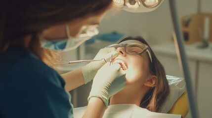 A dental hygienist performing a teeth cleaning on a patient in a dental clinic, with dental tools and equipment visible, Professional style