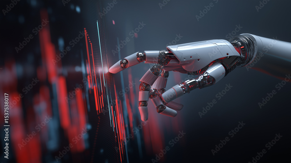 Aufkleber robotic hand interacting with a digital financial graph in a futuristic technology environment.