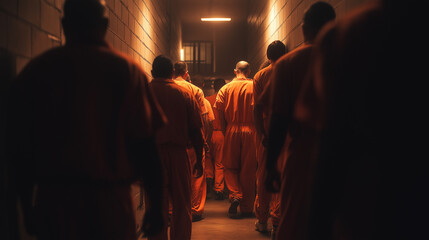 Obraz premium Inmates in orange jumpsuits walking down a prison corridor lined with metal cell doors. 