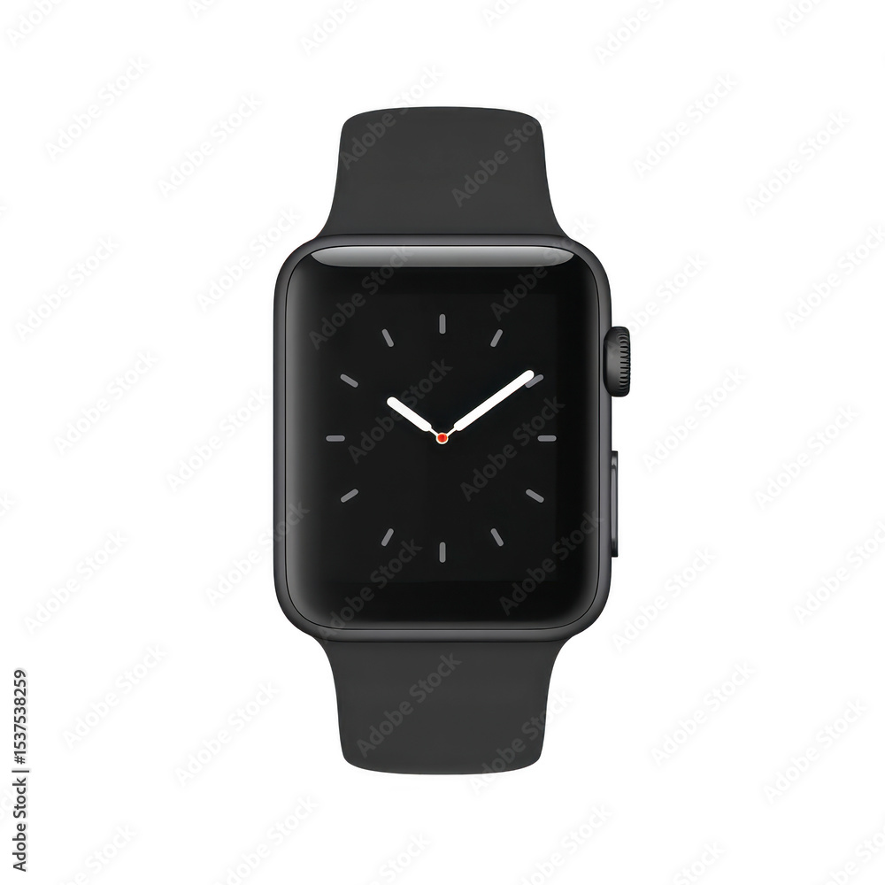 Poster sleek black smartwatch with minimalist design and digital clock face, featuring smooth silicone stra