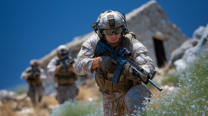 Fototapeta premium Soldiers in Training Breach Mock Building for Real-Life Scenarios