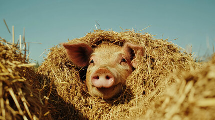 Pig snout emerging from haystack in playful natural setting, [Playful animal], [Joy and comfort in ethical livestock]