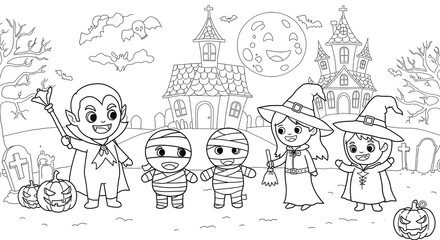 Adorable Halloween Coloring Page Cute Monsters & Spooky Scene