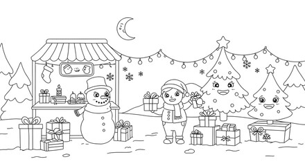 Fototapeta premium Charming Winter Market Scene A Festive Coloring Page
