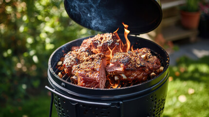 Pulled pork smoking over wood chips in a backyard smoker, with flames flickering and seasoned rub visible on the crust 