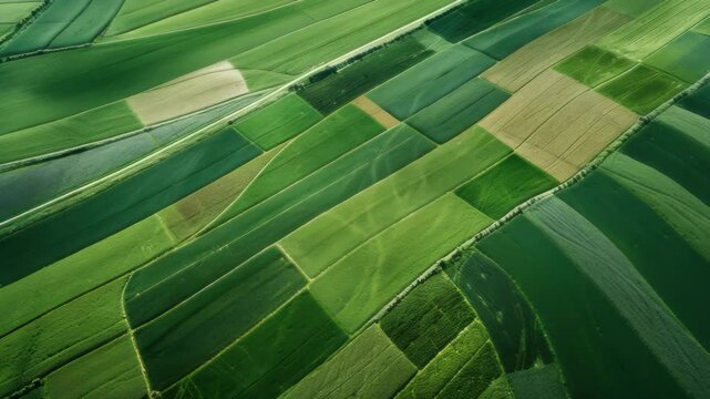 Vibrant green fields showcase patchwork agricultural landscape in springtime from above in rural areas