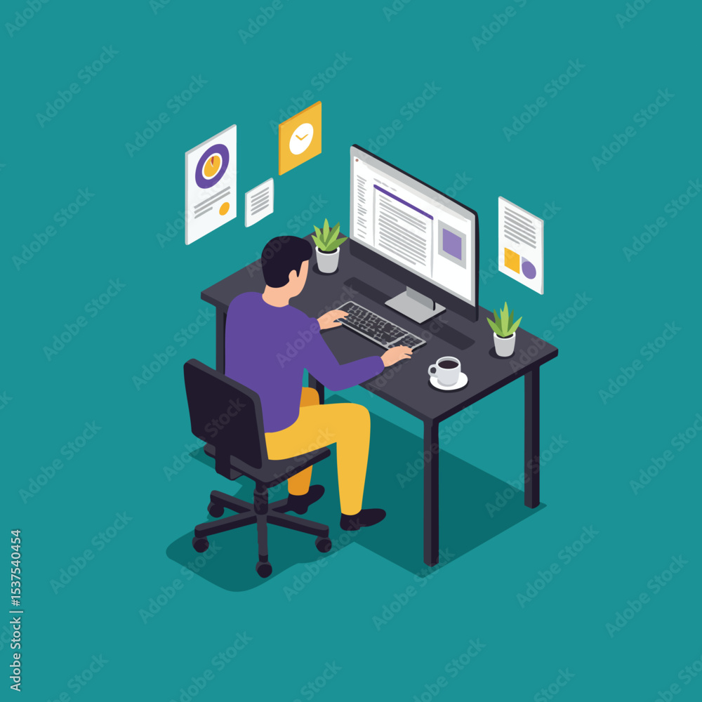 Poster man working on computer at desk with coffee cup and plants in office workspace vector illustration
