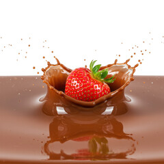Strawberry splash into chocolate dessert food photography sweet on transparent background