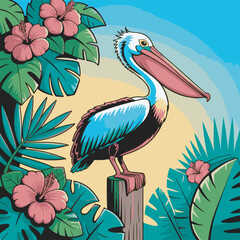 Fototapeta premium Brown Pelican Tropical Bird Hibiscus Flowers Green Leaves Yellow Background