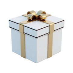Obraz premium Beautifully wrapped white gift box with shiny gold ribbon and bow, perfect for special occasions like birthdays, weddings, or holidays, conveying sense of celebration and joy