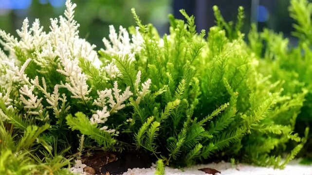 Lush aquatic moss varieties thriving in an aquarium display with white substrate and intricate details of vibrant green foliage.
