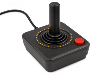 Vintage gaming joystick featuring black body, red action button, glowing orange lights against transparent backdrop