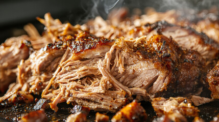 Pulled pork smoking over wood chips in a backyard smoker, with flames flickering and seasoned rub visible on the crust 