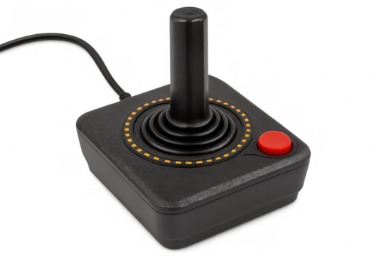 Vintage gaming joystick featuring black body, red action button, glowing orange lights against transparent backdrop