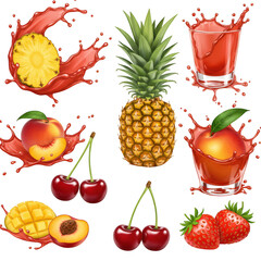 Fresh fruit juice splash pineapple mango peach cherry strawberry on transparent background