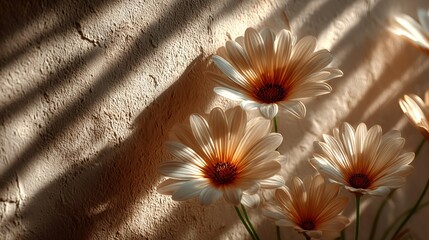   A cluster of white daisies in a vase on a table casting a shadow onto the adjacent wall