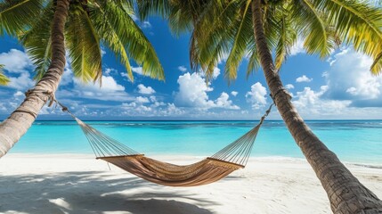 Hammock between palm trees at beach resort overlooking calm turquoise waters