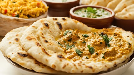 Indian curry with naan, rice, and yogurt sauces on a white table