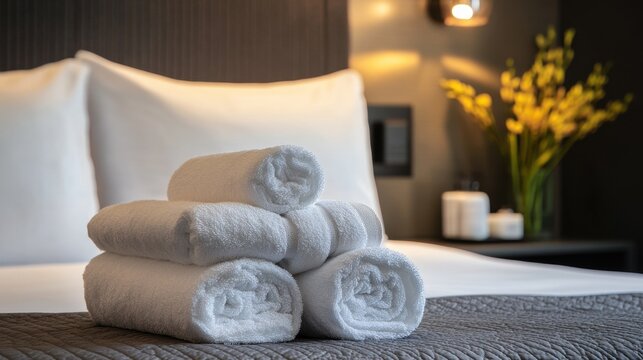 Hotel bed detail shot with plush duvet, folded towels, and bedside table accessories