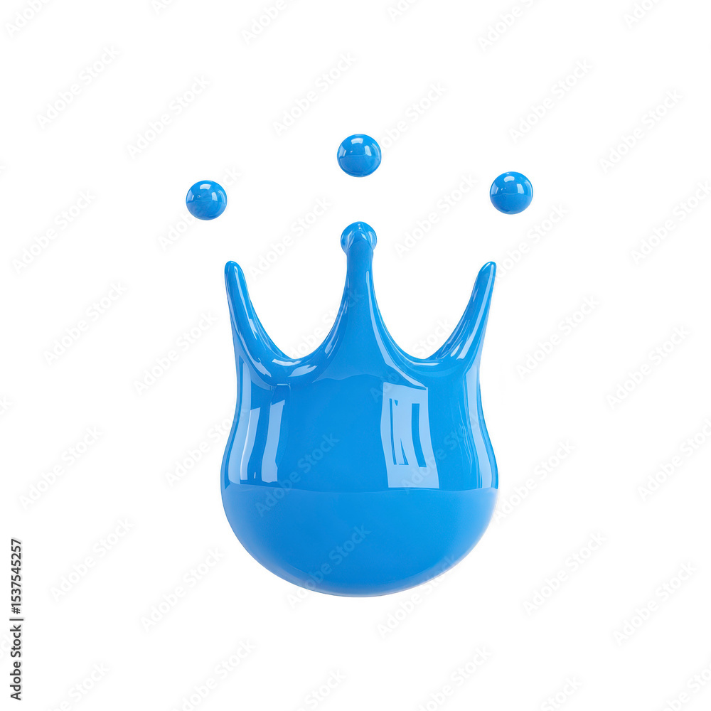 Aufkleber glossy blue liquid splash forms crown shape with three droplets suspended above, isolated on transpa