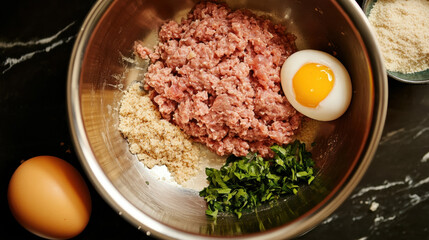 Raw ground pork in a stainless steel bowl, with a cracked egg, breadcrumbs, and herbs beside it, ready for meatball prep 