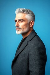 Obraz premium Artwork of style for aging men. Chic men's hard part haircut - midlife middle eastern man with middle hair. Blue solid background. A man with a soft expression in a peaceful setting.