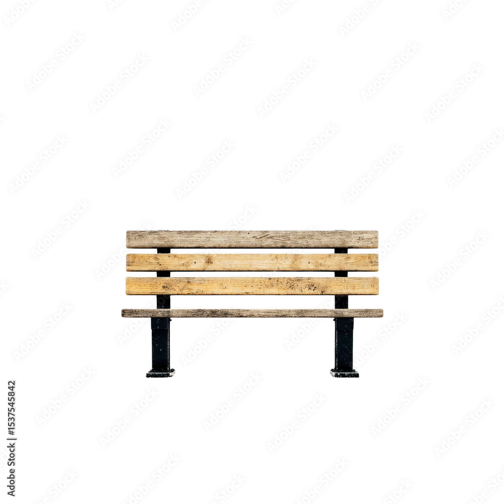 Poster rustic wooden bench with weathered appearance stands isolated against plain background, showcasing i