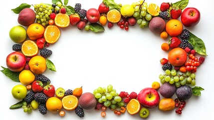Obraz premium Assorted fruits creatively border a blank white space on a bright, clean backdrop