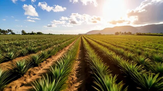 Rows of agave plants stretching towards distant mountains under a clear, sunny sky
