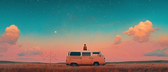 Lonely Person on Van Under Starry Sky with Soft Dreamy Colors