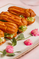 a luxurious dinner in a restaurant with seafood in delicate pink tones