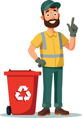 Cartoon sanitation worker recycling tips for waste management and environmental protection concept art