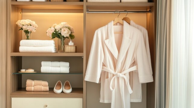 Neatly arranged hotel wardrobe with robe, slippers, and hangers in open closet - Powered by Adobe