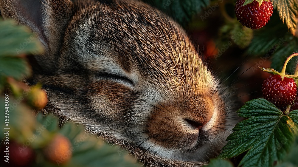 Poster a close-up photo captures a rabbit resting atop a bush while berries peek out from behind its face