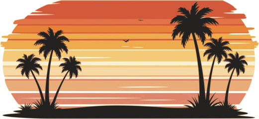 retro sunset beach palm trees silhouettes vector illustration
