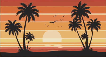 Obraz premium retro sunset beach palm trees silhouettes vector illustration 