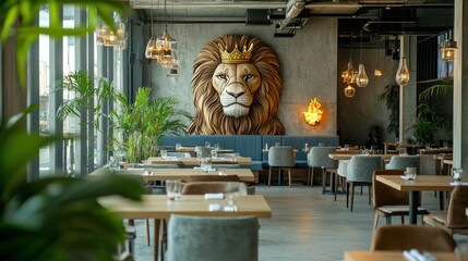 Interior of a restaurant with a lion statue and many plants