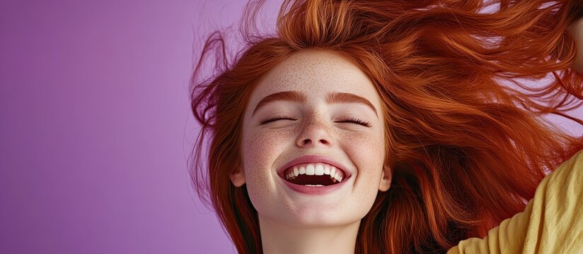 A beautiful girl with red hair laughing and smiling
