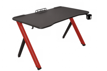 Contemporary gaming desk featuring red legs, a dark surface, and accessories, isolated on a transparent background