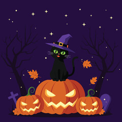 Black cat with witch hat sitting on glowing jack-o-lanterns with autumn leaves and spooky night sky vector illustration Halloween theme 