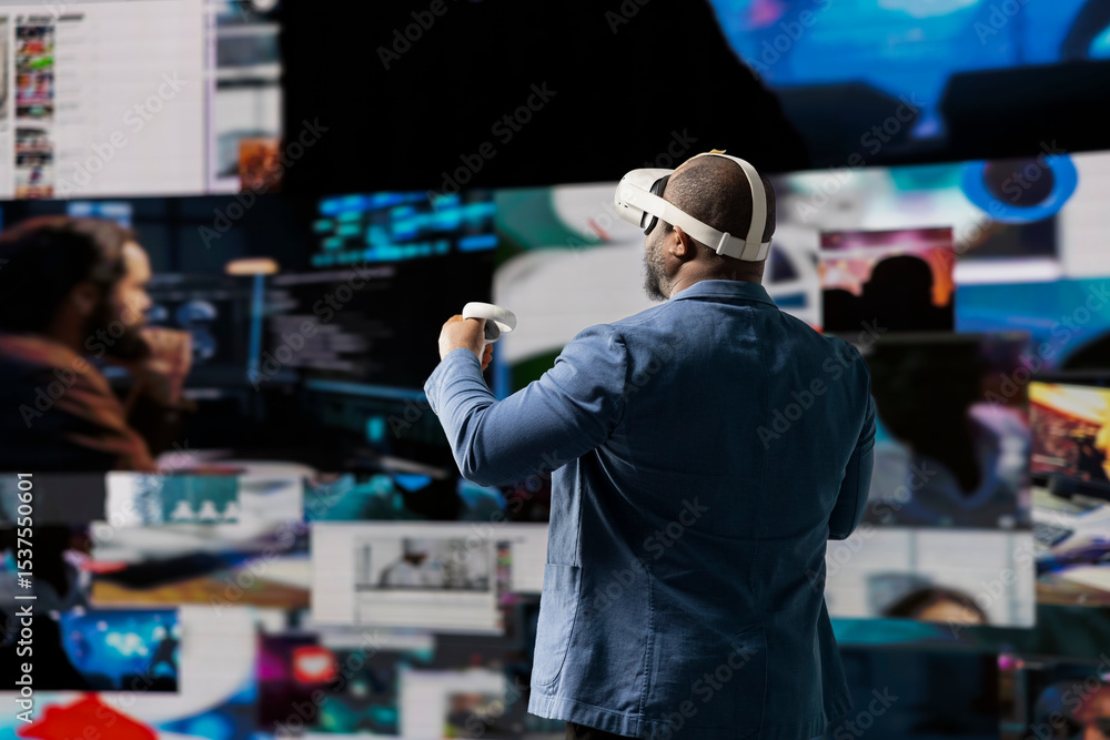 Poster tech savvy professional uses virtual reality glasses to see social media platforms, using cloud base