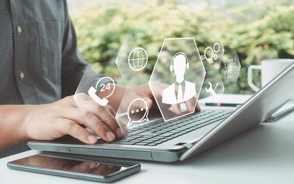 Technical support customer service concept. Client service with technical support, assistance in business technology, contact interface online information network, consulting innovation workspace.