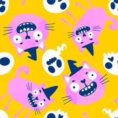 Halloween animals seamless cats pattern for wrapping paper